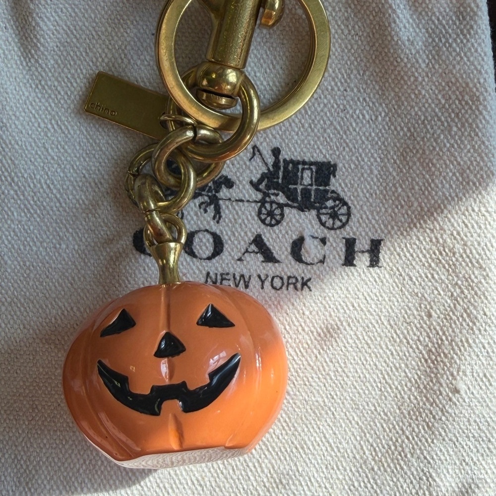 Coach Orange Jack-o'-Lantern Pumpkin Key Charm with Gold Hardware